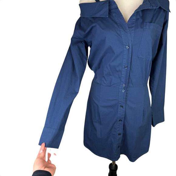 Monrow Navy Stretch Poplin Cotton Blend Button Up Long Sleeve Mini Shirt Dress - Picture 7 of 14